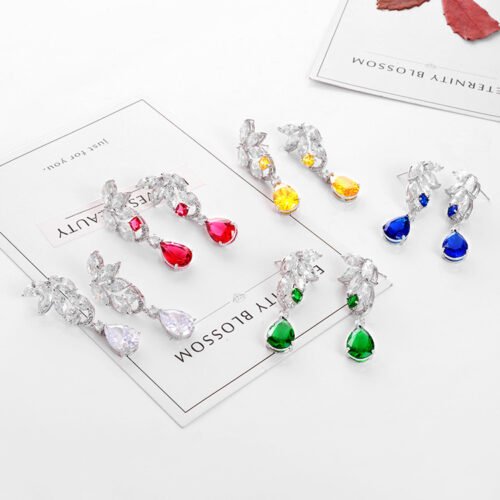 2023 Luxury Long Colorful Water‑Drop Zircon Earrings — Elegant Bridal & Wedding Drop Earrings