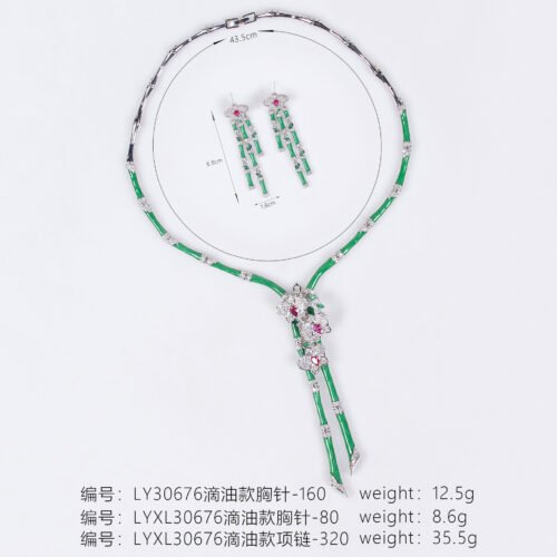Lanfang Bamboo Necklace & Earrings Set with Detachable Orchid Brooch