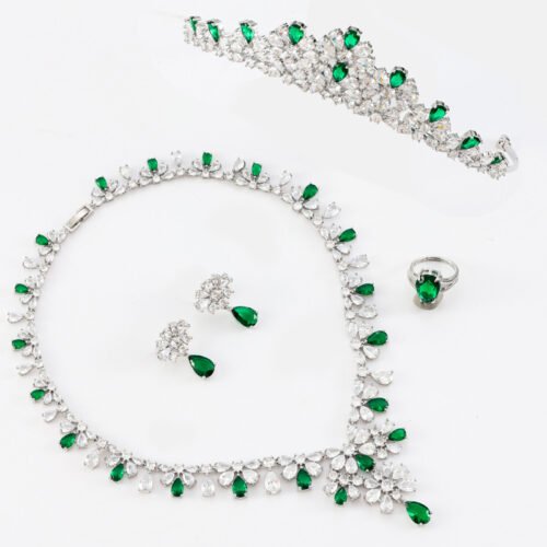 European & American Bride Zircon Necklace + Earrings 4‑Piece Set — Elegant Wedding & Dinner