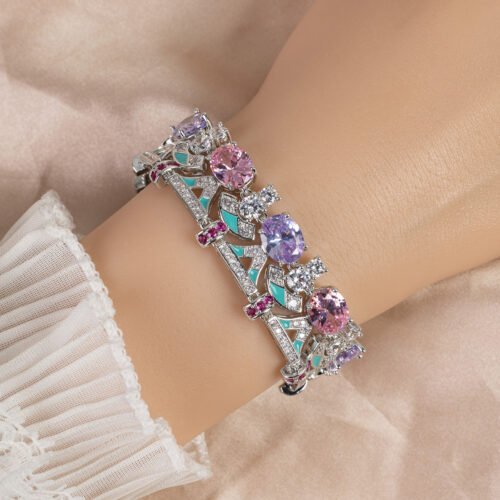 European & American Luxury Pink Zircon Geometric Bracelet — Women’s Light‑Luxury