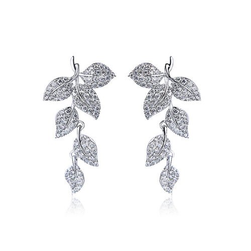 Platinum‑Plated Multi‑Leaf Zircon Long Ear Clips – Elegant Fashion Jewelry