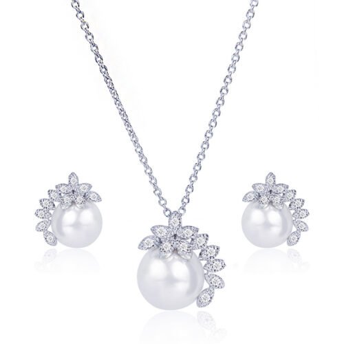 Large Pearl & Zircon Necklace & Earrings Set – Super-Flash Bridal & Fashion Jewelry