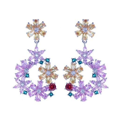 Elegant White Rhinestone Flower Tassel Earrings – Long Floral Drop Fashion Jewelry