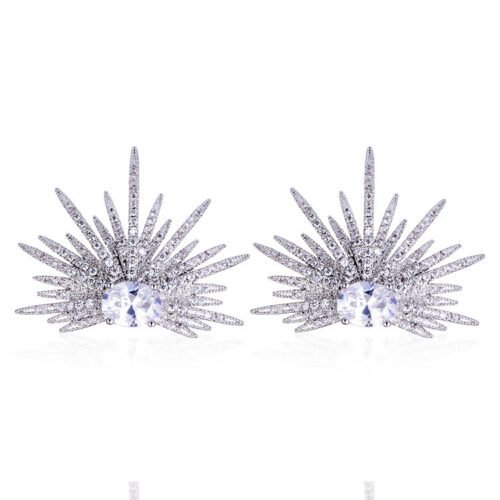 Japanese & Korean Style Fan‑Shaped Zircon Earrings — 925 Silver Pin Elegant Color Earrings