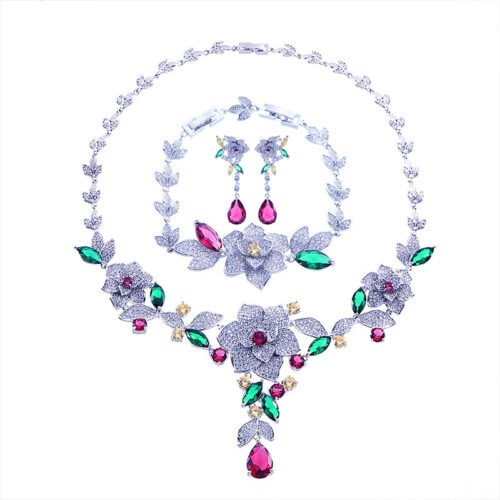 Japanese & Korean Style Colorful Zircon Bridal Jewelry Set – Necklace, Earrings & Bracelet