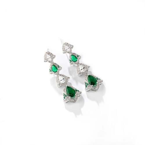European & American Retro Emerald Zircon Teardrop Tassel Earrings – High‑End Fashion Stud Earrings