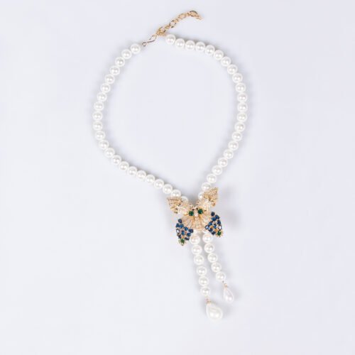 European & American French Retro Palace‑Style Pearl & Zircon Butterfly Necklace