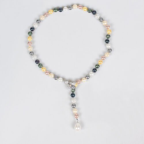 Trendy Elephant Beaded Adjustable Pearl Sweater Chain Necklace with Bee & Spider Buckle