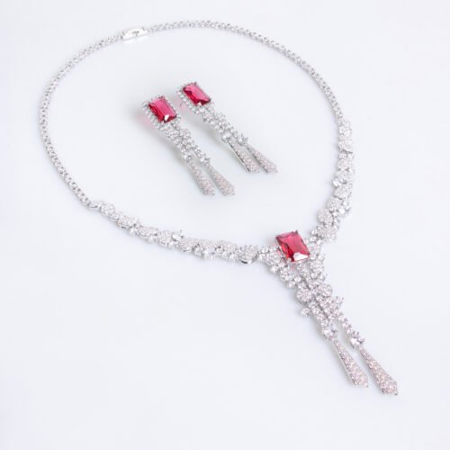 High‑End Full Diamond Flower Zircon Jewelry Set — Elegant Bridal Necklace & Tassel Earrings