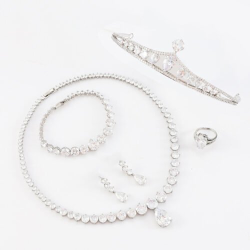 Bridal Crown Zircon 3-Piece Jewelry Set – Necklace, Earrings & Crown