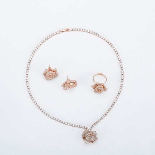 Fashion Rose Copper Micro‑Inlaid Zircon Earrings Three‑Piece Jewelry Set