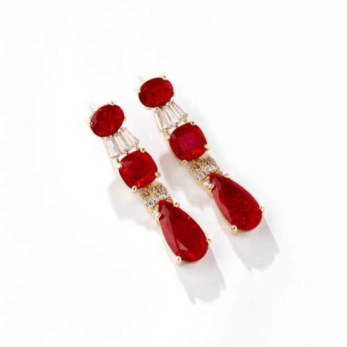 Luxury Square Zircon & Faux Red Sapphire Earrings – High‑End Gold‑Plated Fashion Earrings
