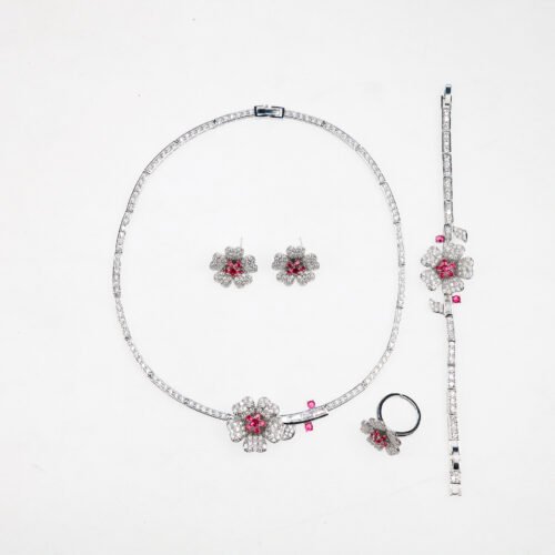 Korean Style Floral Zircon Necklace, Earrings, Bracelet & Ring Set – Bridal & Evening Jewelry