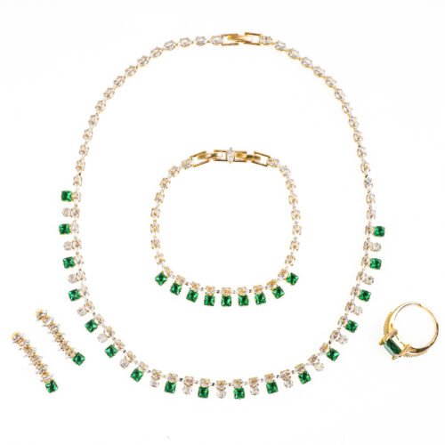 High-Grade Emerald Zircon Jewelry Set – Luxury Necklace, Opening Ring & Earrings