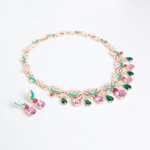 Exaggerated V-Shaped Flower Zircon Necklace & Earrings Set – European & American Fashion Jewelry