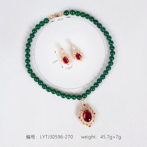 Cross‑Border Luxury Emerald & Agate Beaded Necklace with Zircon Earrings