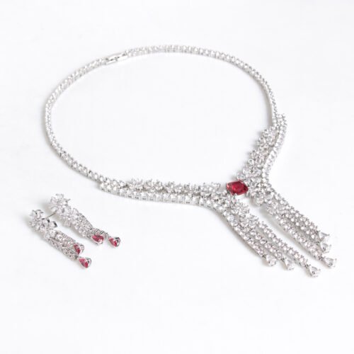 European & American Diamond Flower Tassel Necklace & Earrings Set — Minimalist Light Luxury
