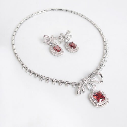 Korean Bow Pendant Zircon Necklace & Earrings Set – Stylish Bridal Jewelry
